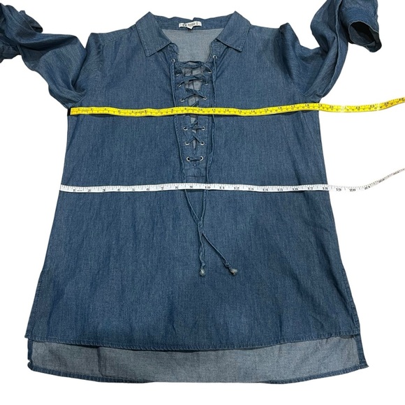 Noble U Lace Up Long Sleeve Collard Chambray Top Blouse Dark Blue Size Small - Picture 3 of 10